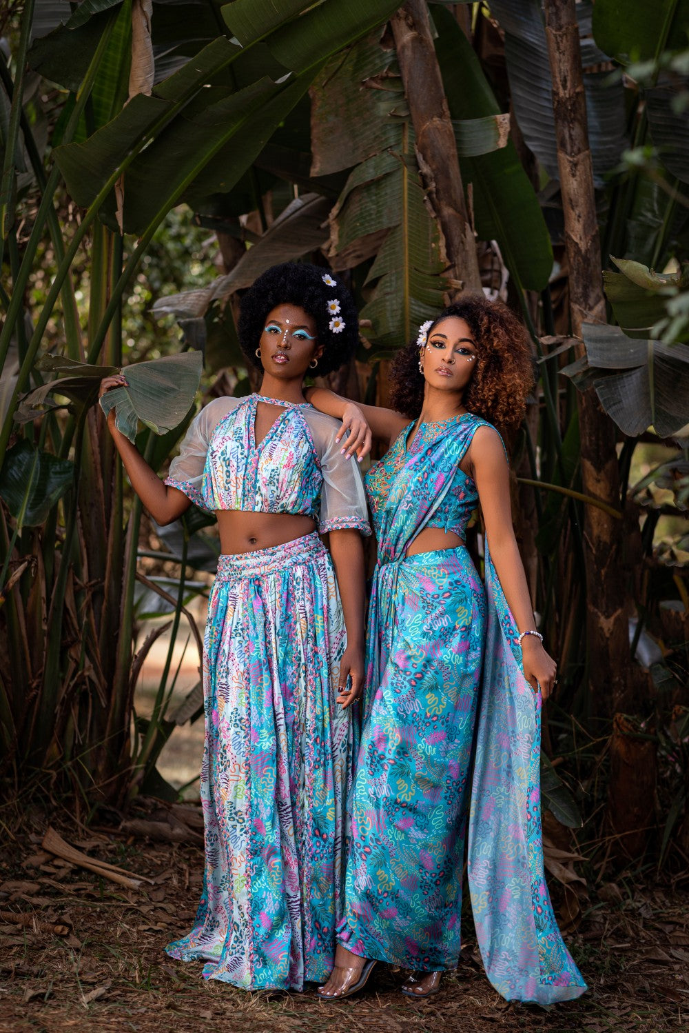 TEAL PRINT CROP TOP BLOUSE WITH DRAPE SAREE LARGE