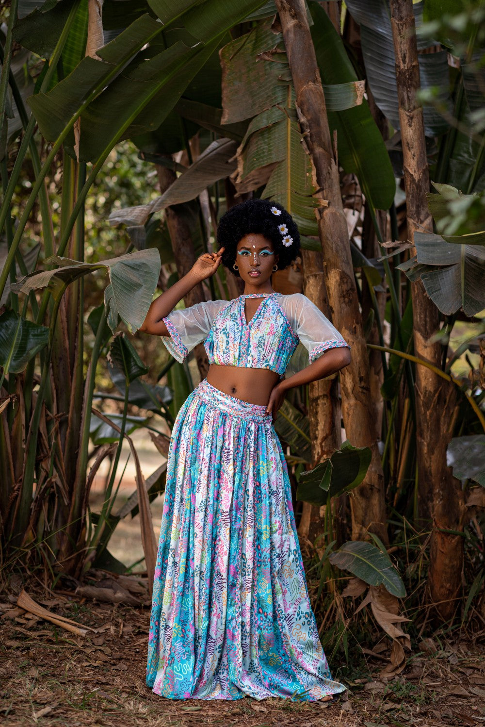 AQUA AND TEAL  CROP TOP WITH LEHENGA SET