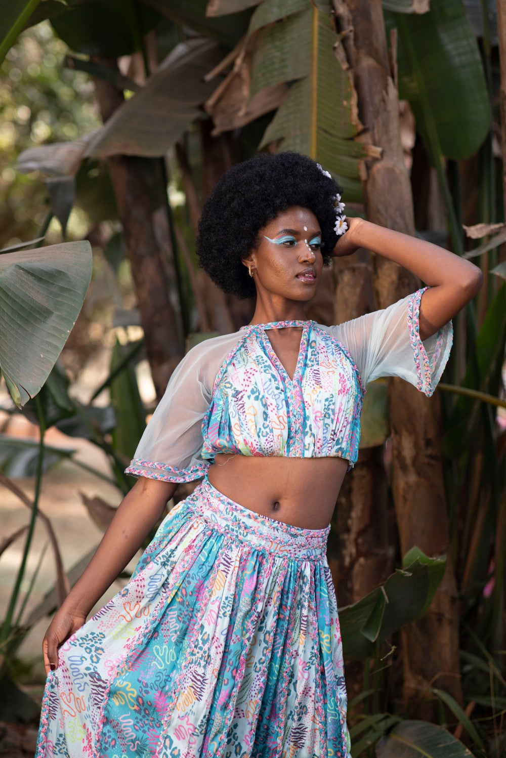 AQUA AND TEAL  CROP TOP WITH LEHENGA SET