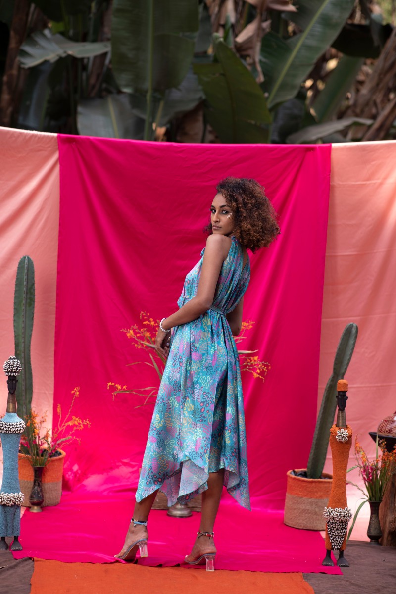 TEAL PRINT HALTER NECK DRESS