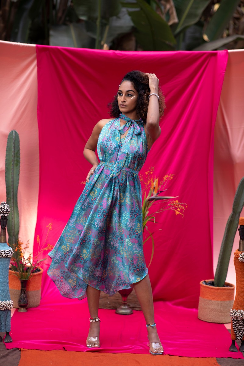 TEAL PRINT HALTER NECK DRESS