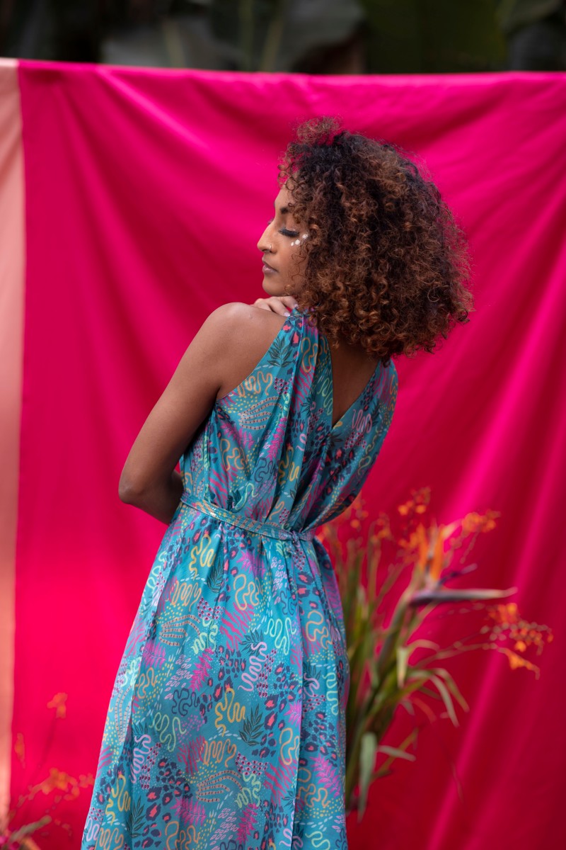 TEAL PRINT HALTER NECK DRESS