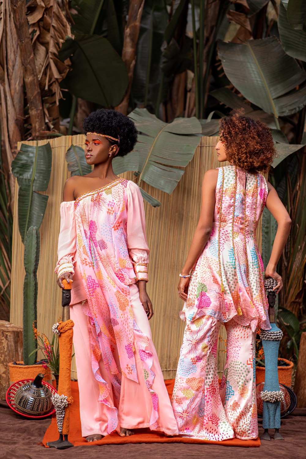 ONE SHOULDER DRAPE ASYMMETRIC  TOP WITH FLARED PANTS