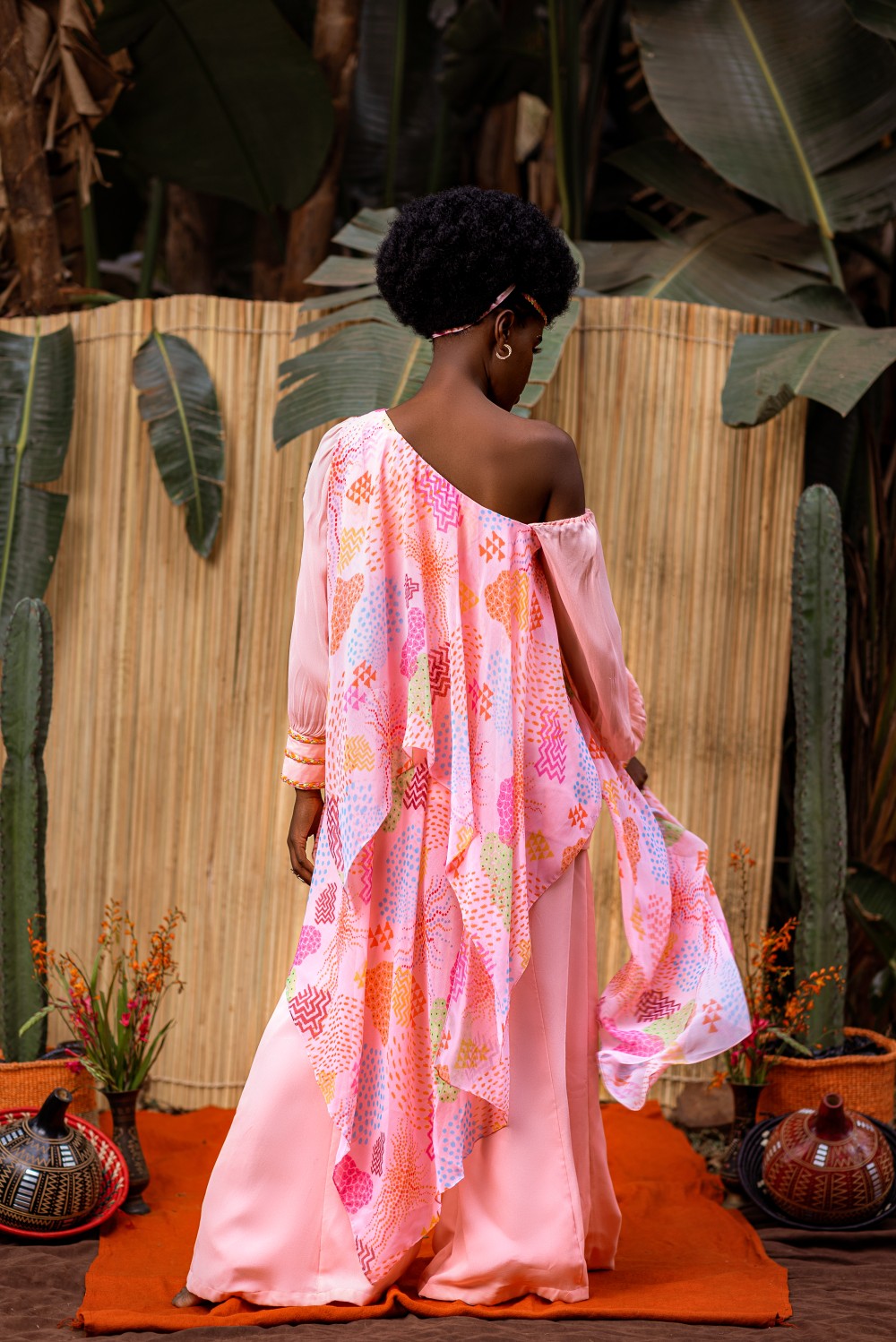 ONE SHOULDER DRAPE ASYMMETRIC  TOP WITH FLARED PANTS