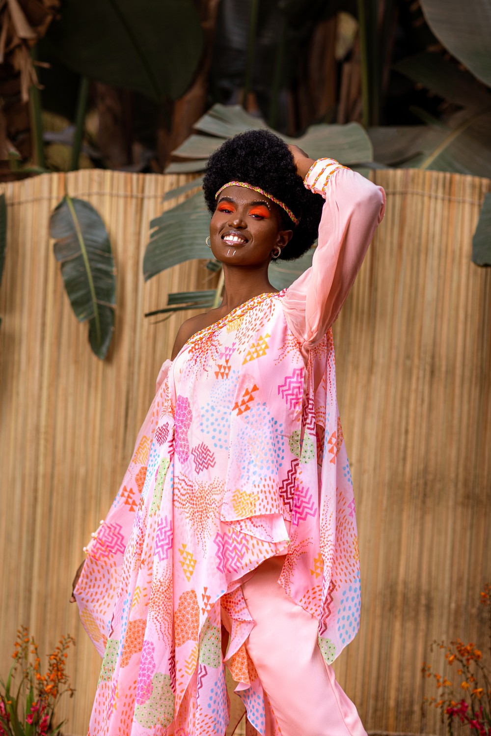 ONE SHOULDER DRAPE ASYMMETRIC  TOP WITH FLARED PANTS