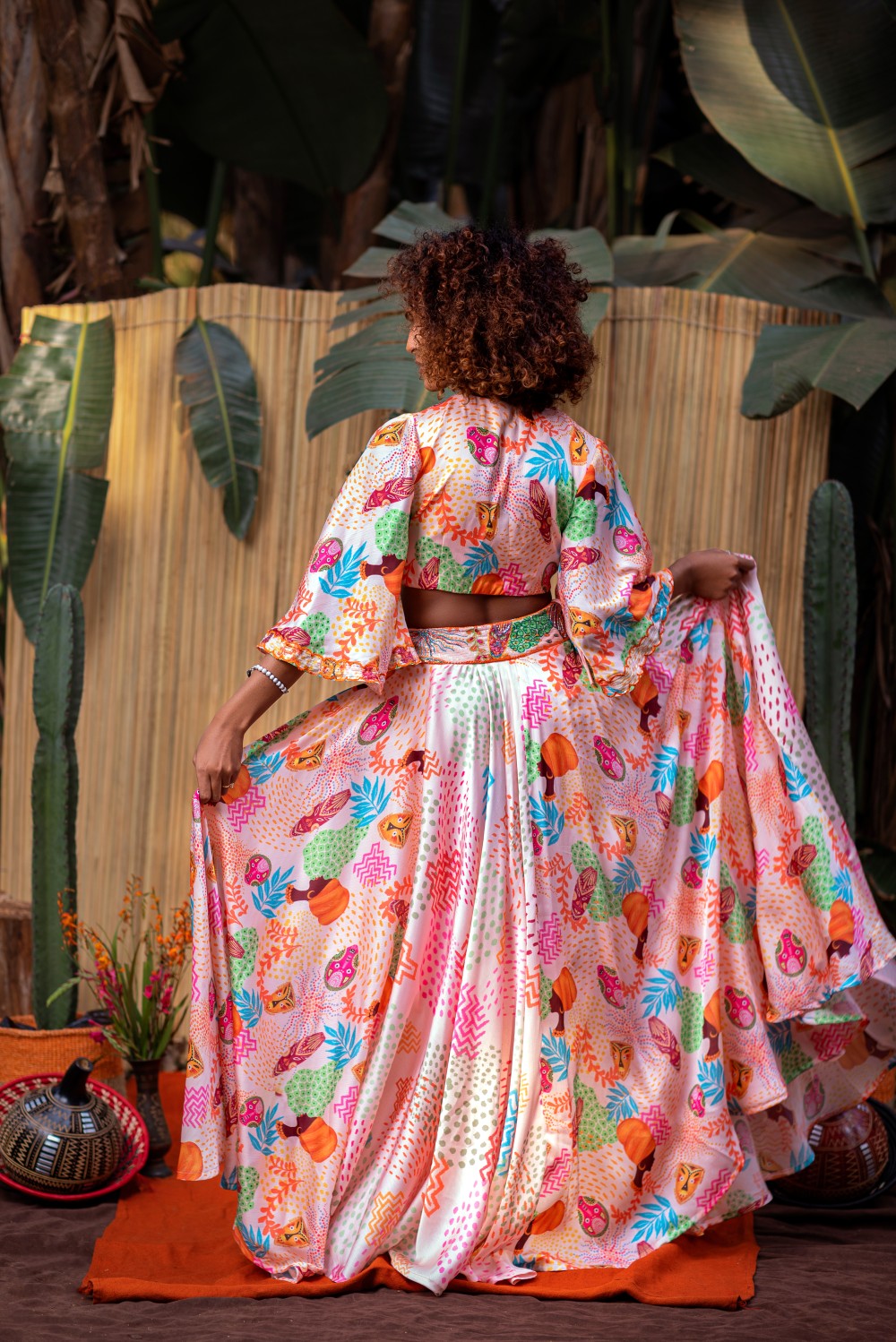 CREAM AND PINK AFRICAN PRINT CROP TOP WITH LEHENGA