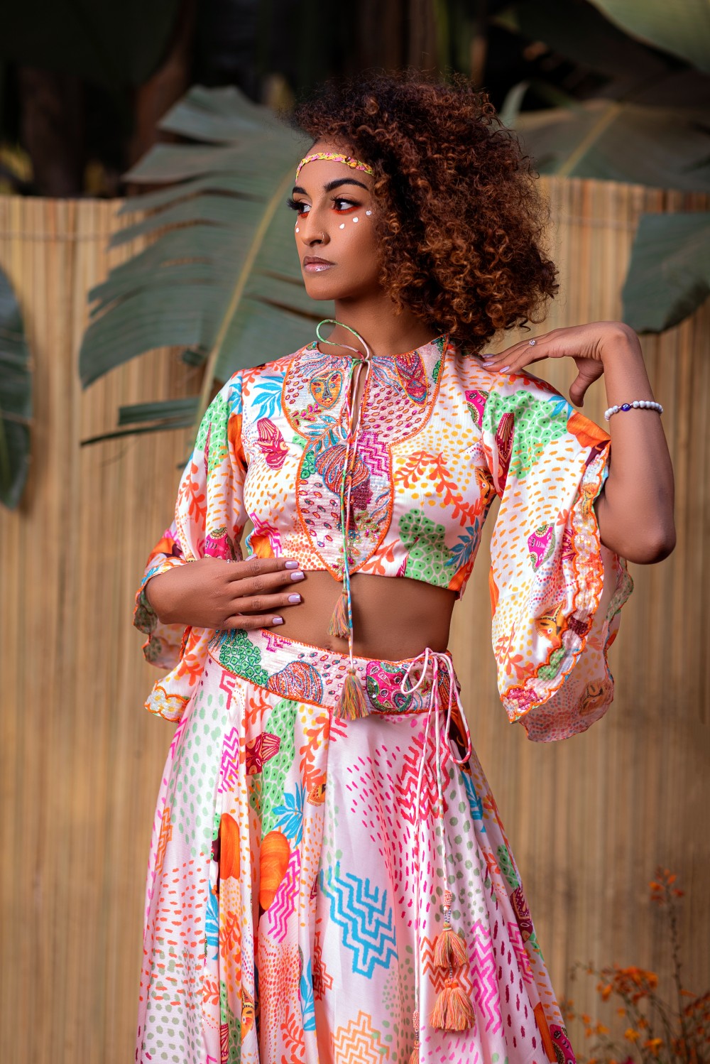 CREAM AND PINK AFRICAN PRINT CROP TOP WITH LEHENGA