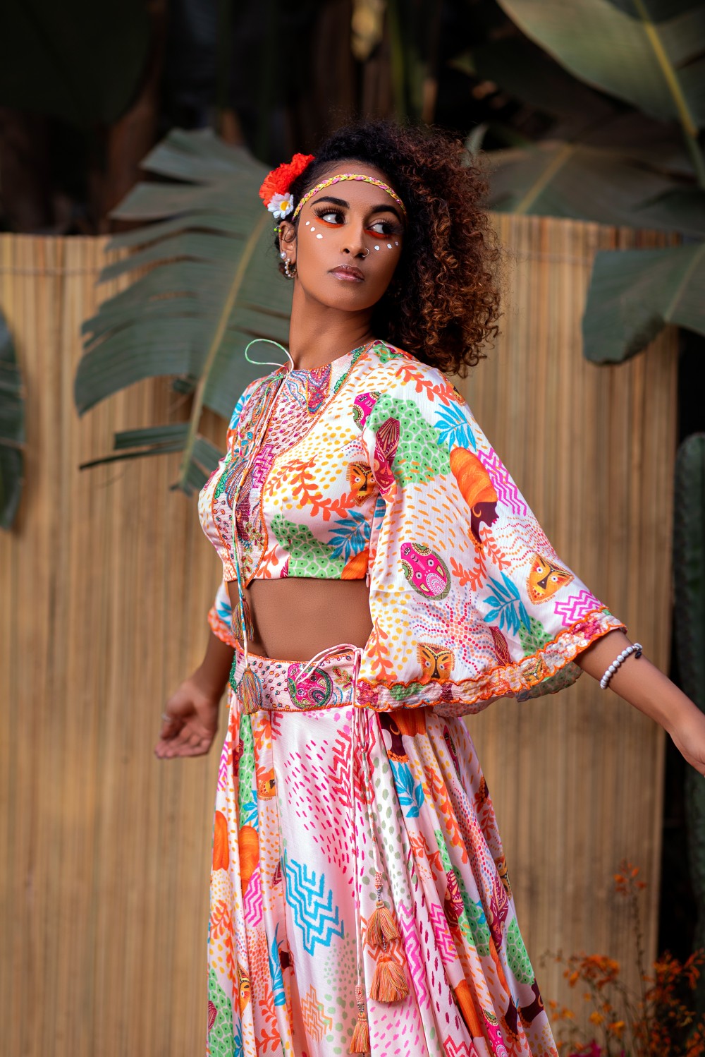 CREAM AND PINK AFRICAN PRINT CROP TOP WITH LEHENGA