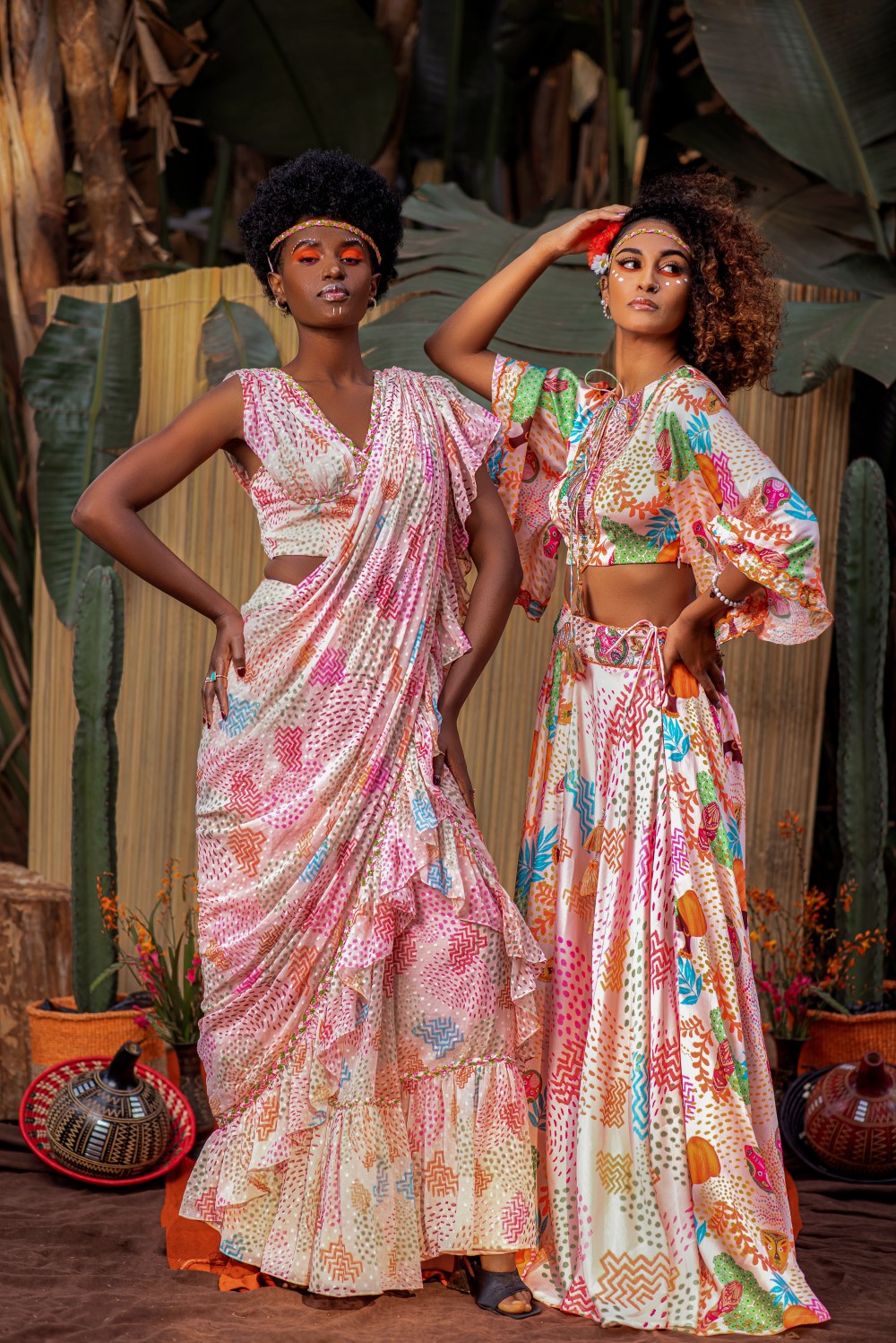 CREAM AND PINK AFRICAN PRINT CROP TOP WITH LEHENGA