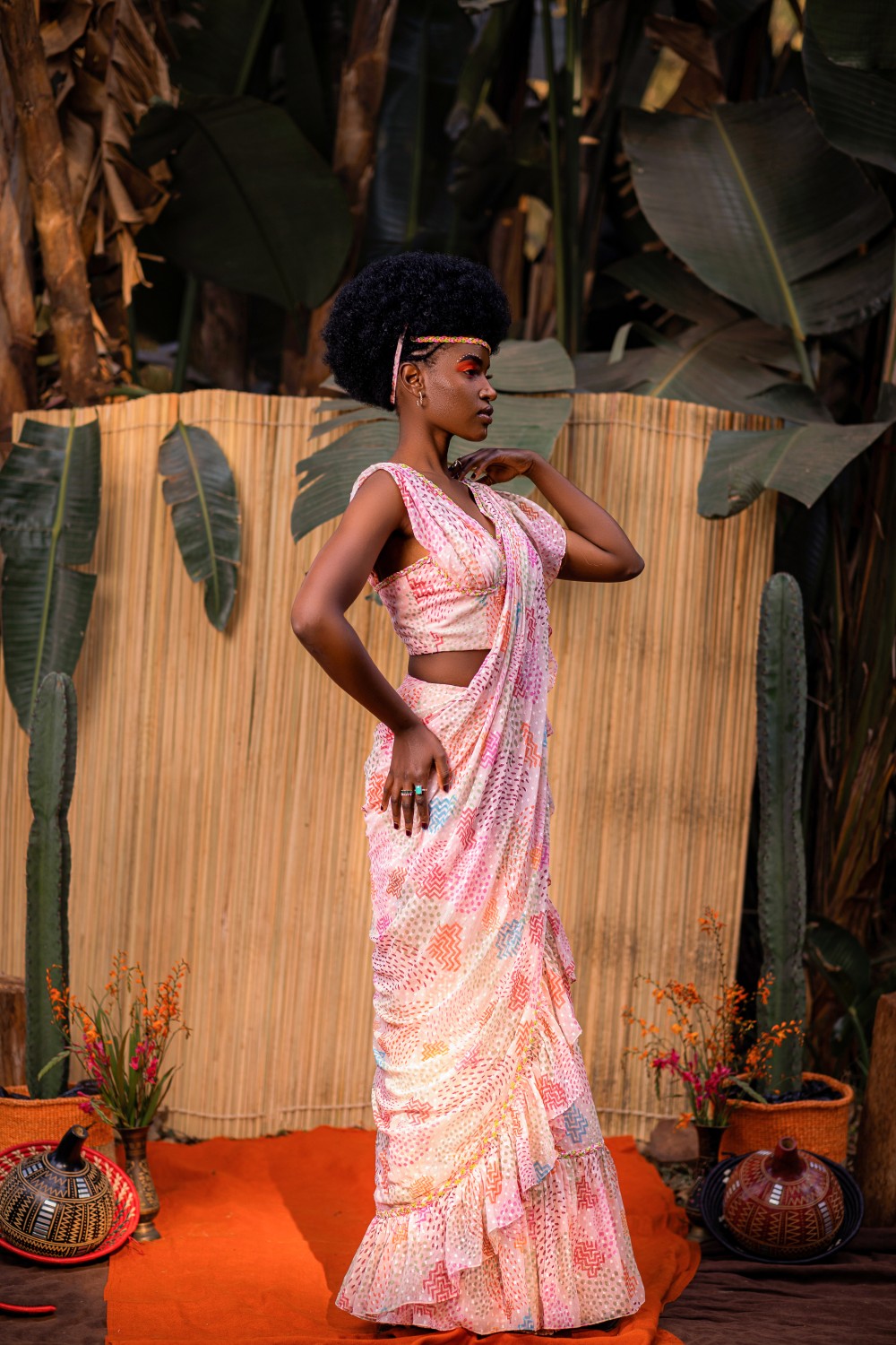 CREAM AFRICAN PRINT CROP TOP WITH RUFFLE SAREE