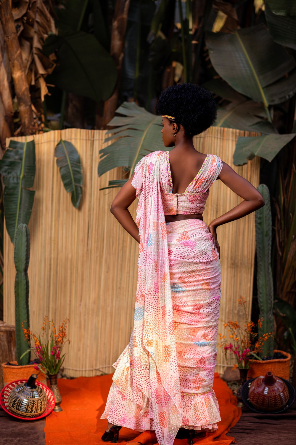 CREAM AFRICAN PRINT CROP TOP WITH RUFFLE SAREE