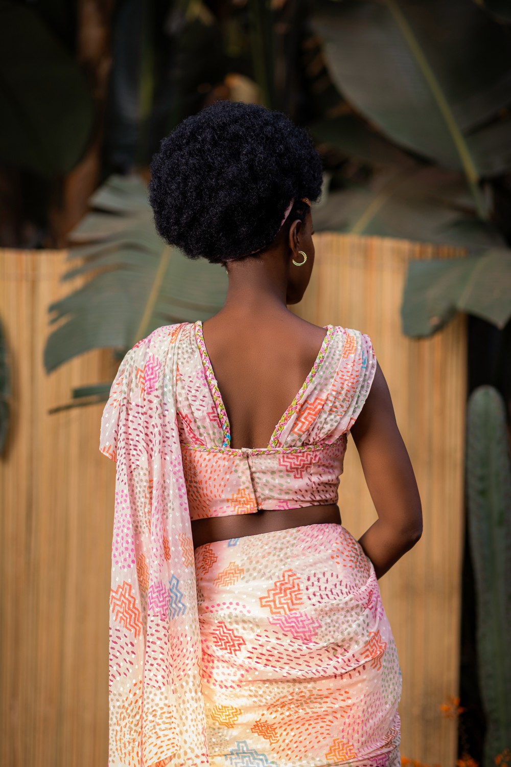 CREAM AFRICAN PRINT CROP TOP WITH RUFFLE SAREE