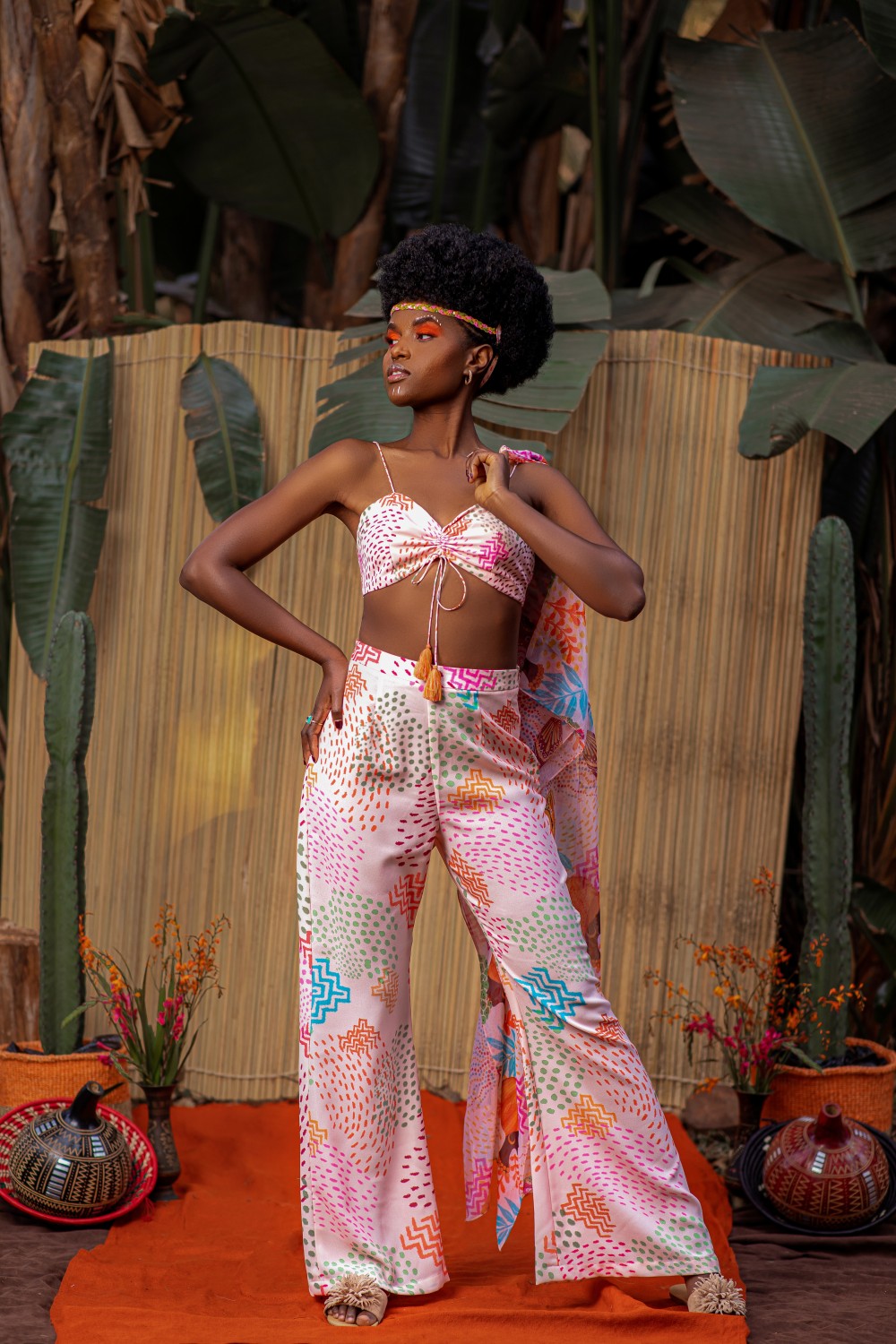 CREAM CAPE WITH TIE UP TOP AND FLARED PANT