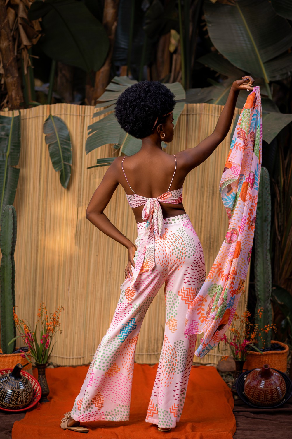 CREAM CAPE WITH TIE UP TOP AND FLARED PANT