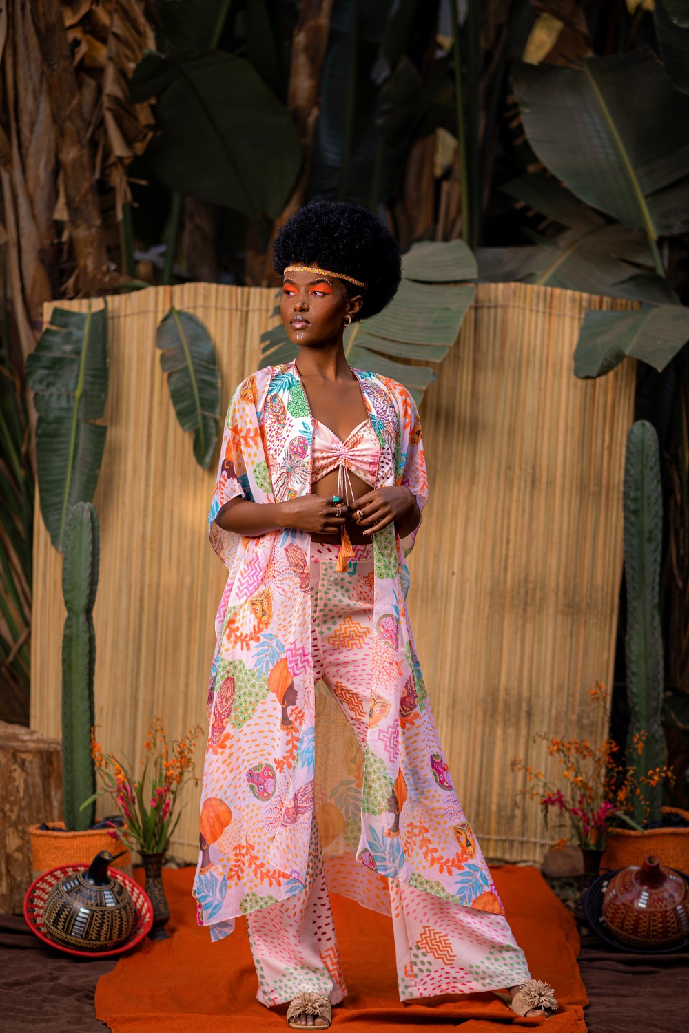 CREAM CAPE WITH TIE UP TOP AND FLARED PANT