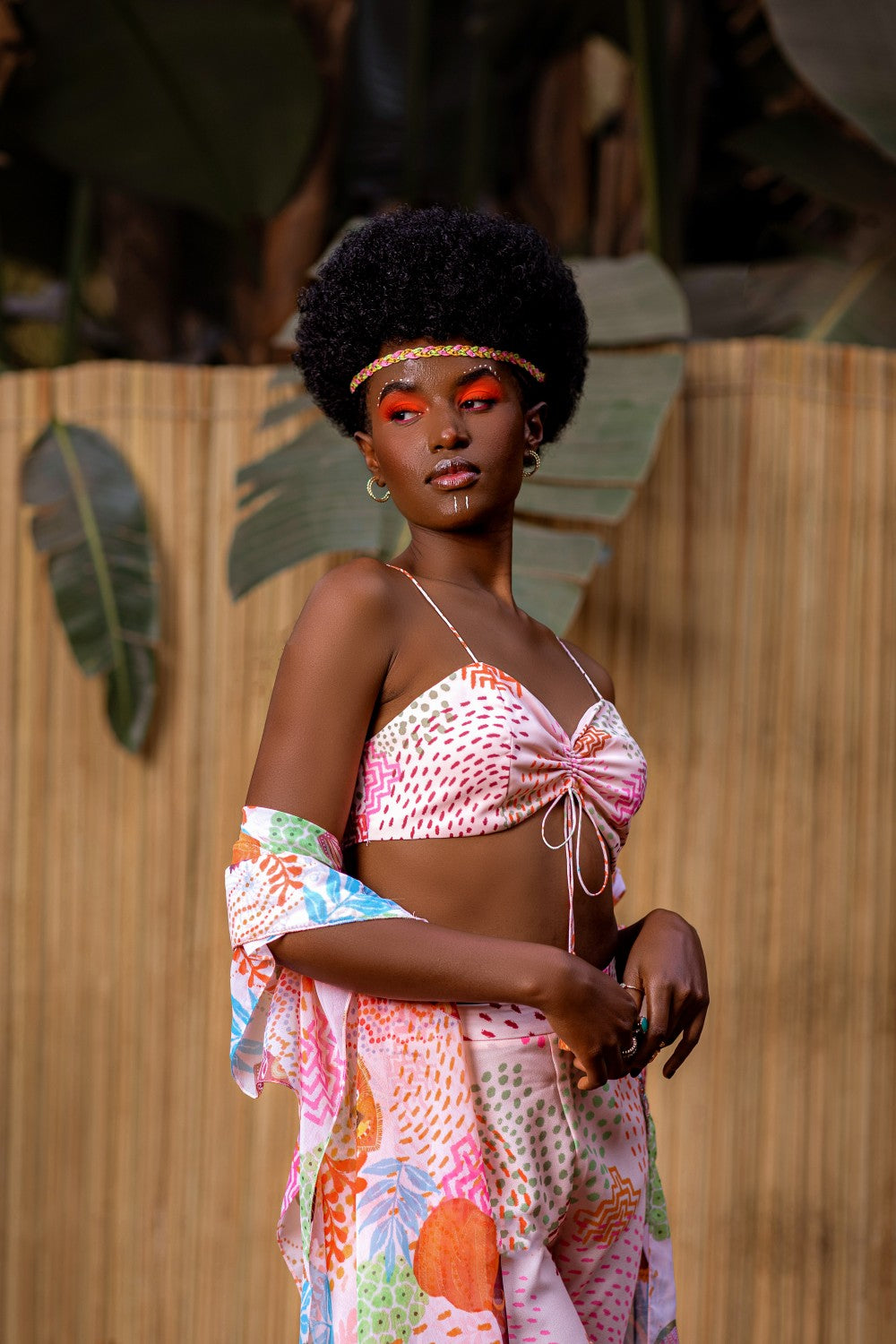 CREAM CAPE WITH TIE UP TOP AND FLARED PANT