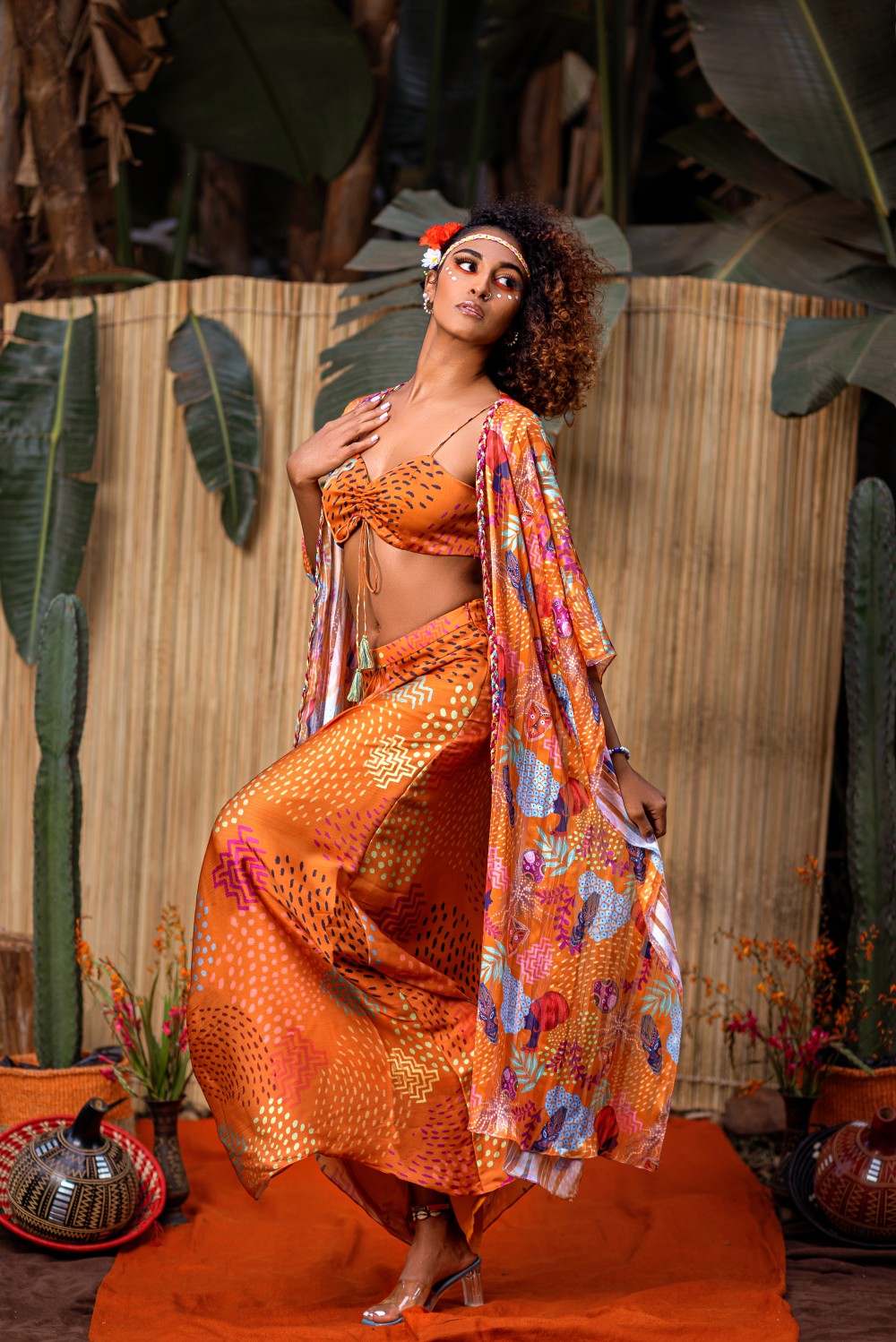 ORANGE CAPE WITH TIE UP TOP AND DRAPE SKIRT