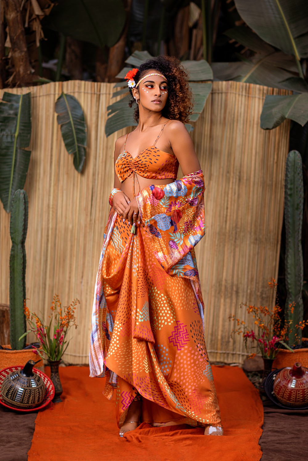 ORANGE CAPE WITH TIE UP TOP AND DRAPE SKIRT