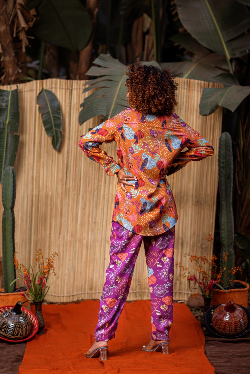 ORANGE CUTOUT SHOULDER TOP WITH PURPLE  PANT