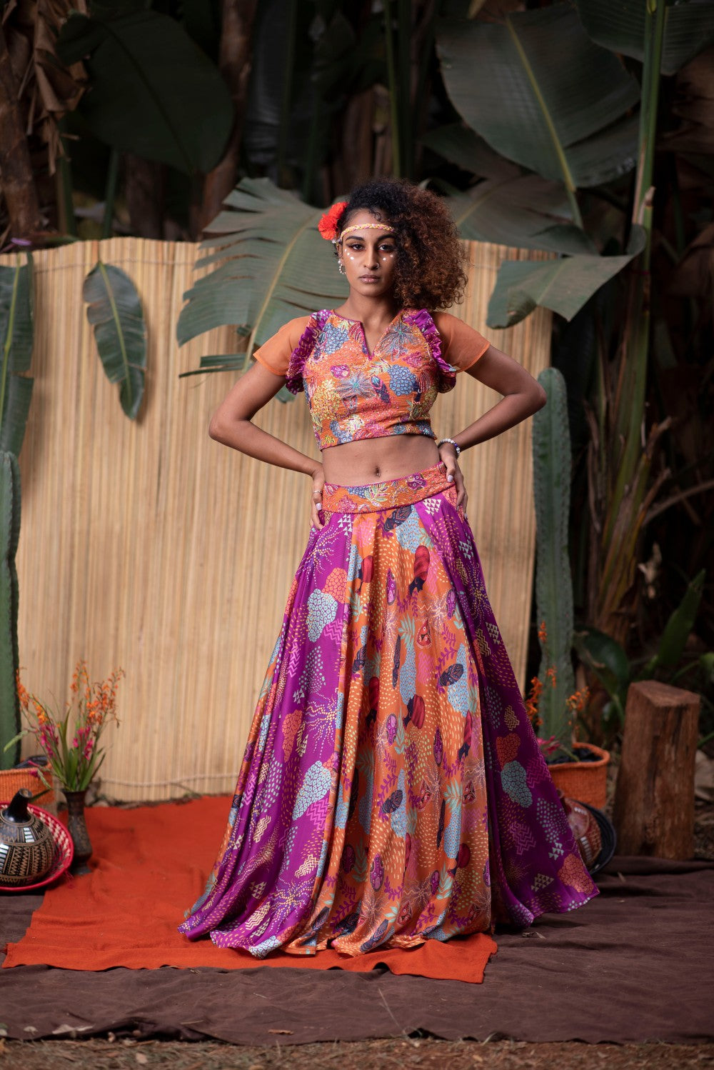 ORANGE BLOUSE WITH ORANGE AND PURPLE LEHENGA