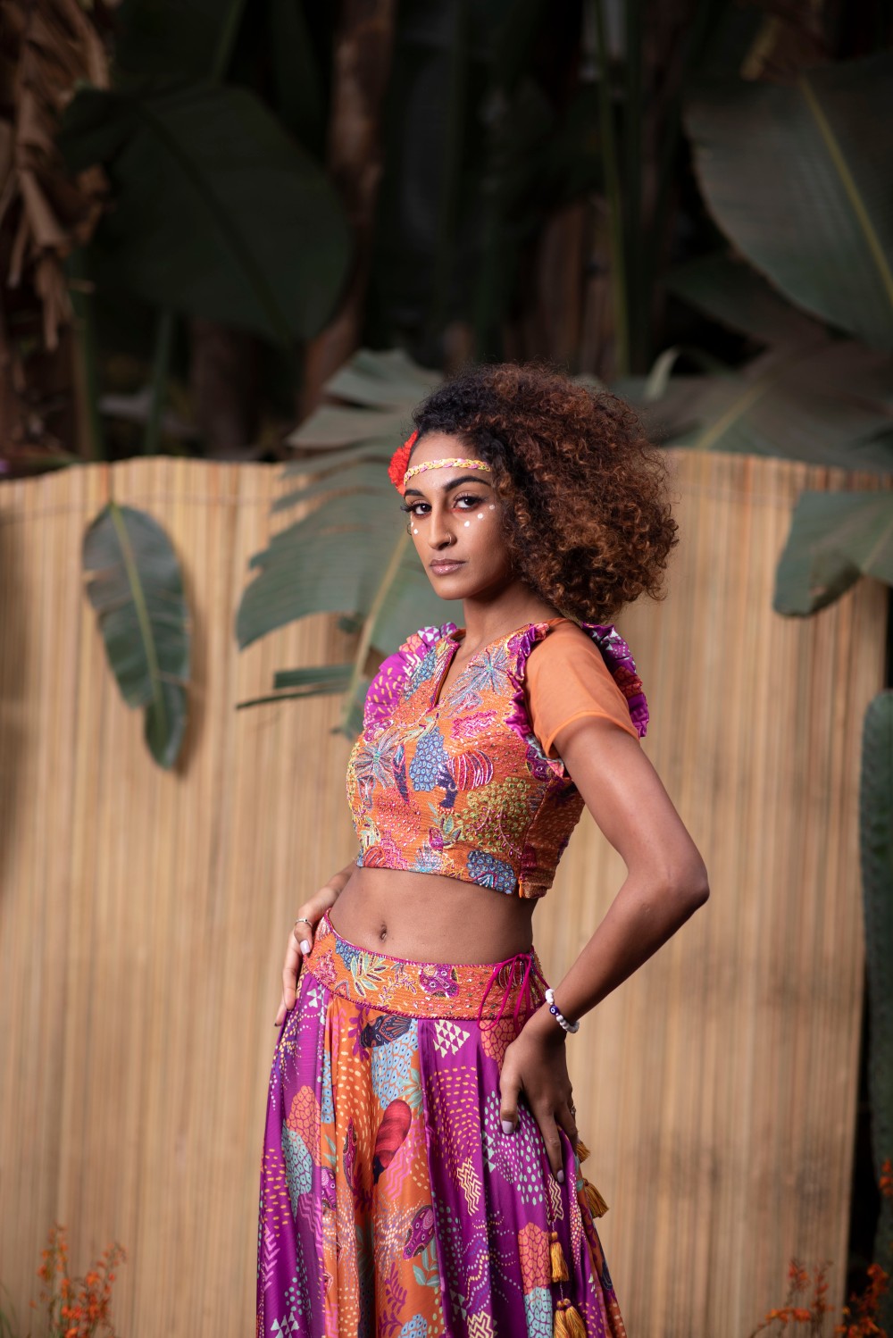 ORANGE BLOUSE WITH ORANGE AND PURPLE LEHENGA