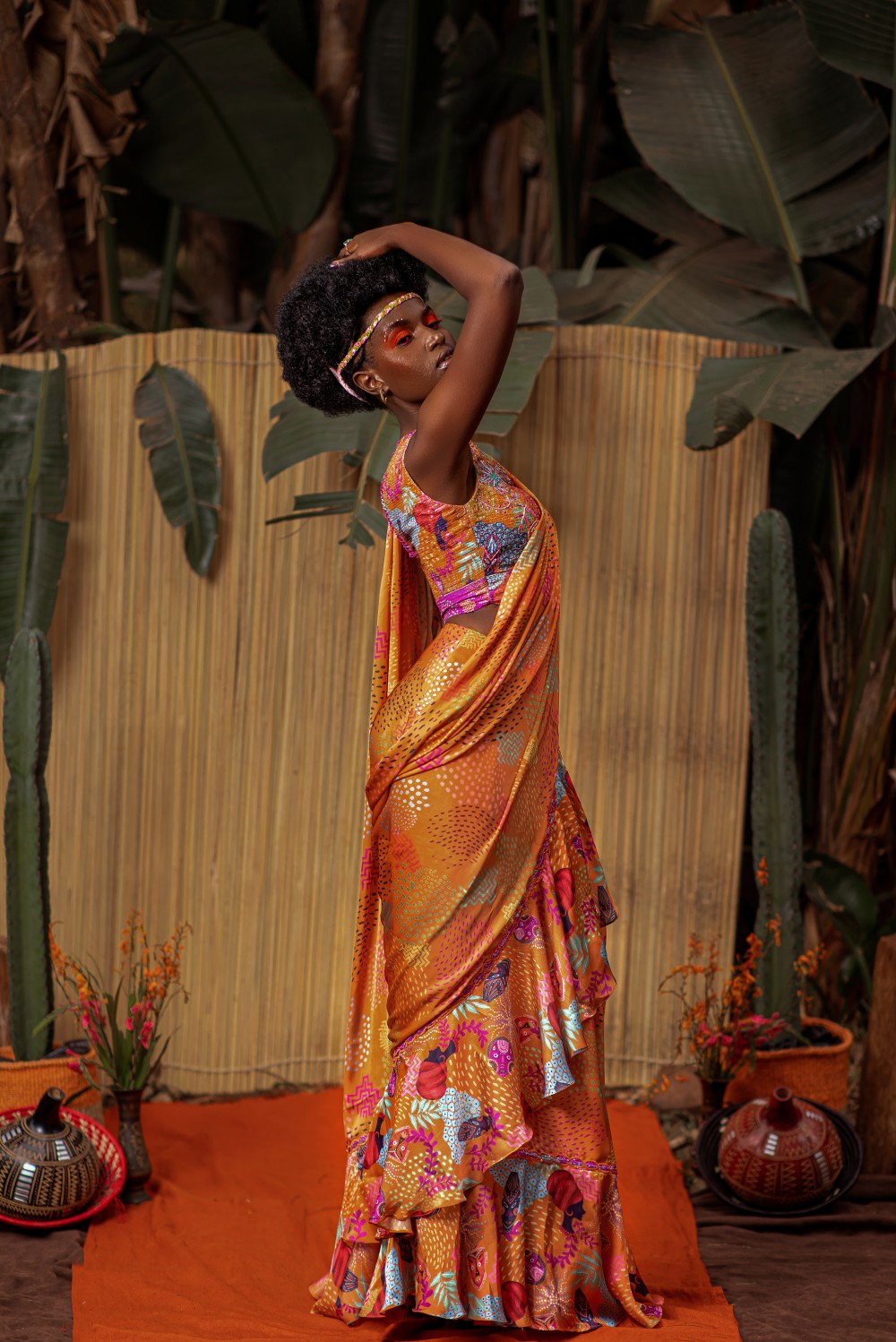 ORANGE LADY MASK RUFFLE SAREE