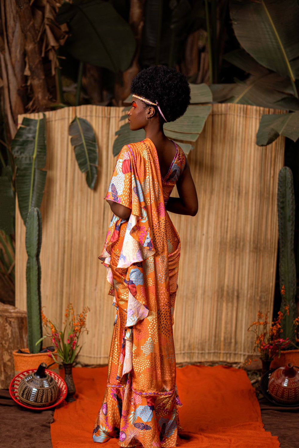 ORANGE LADY MASK RUFFLE SAREE