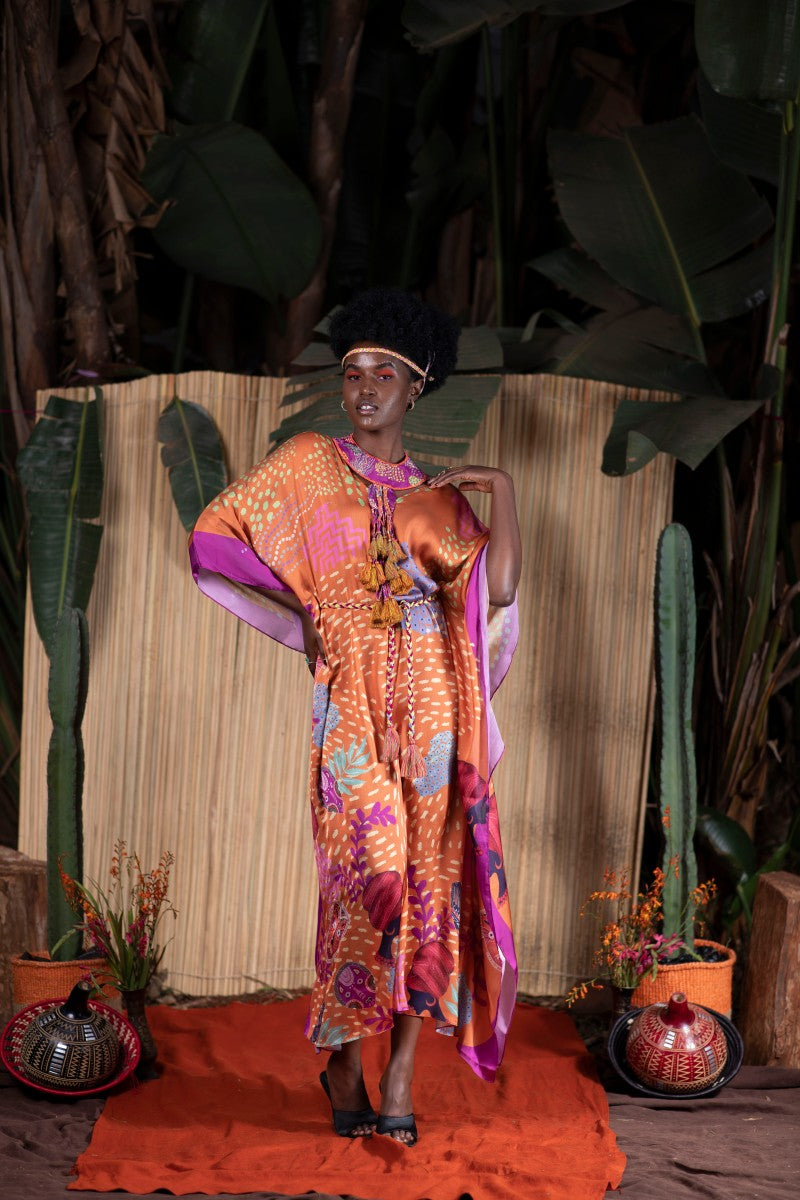 ORANGE LADY MASK PRINT KAFTAN DRESS