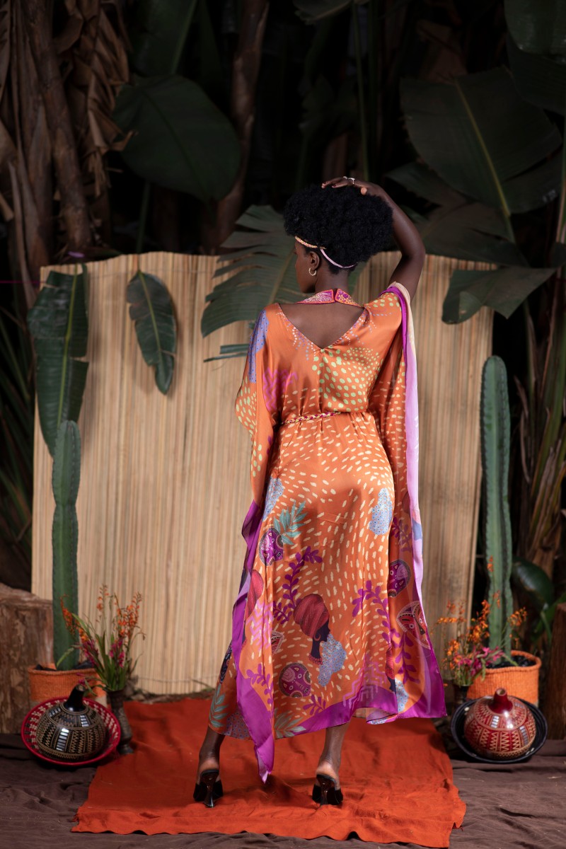 ORANGE LADY MASK PRINT KAFTAN DRESS