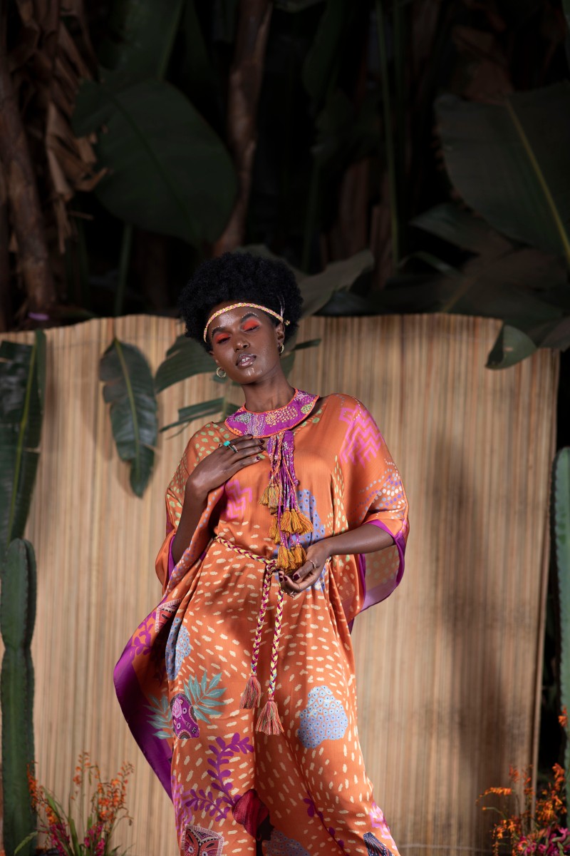 ORANGE LADY MASK PRINT KAFTAN DRESS