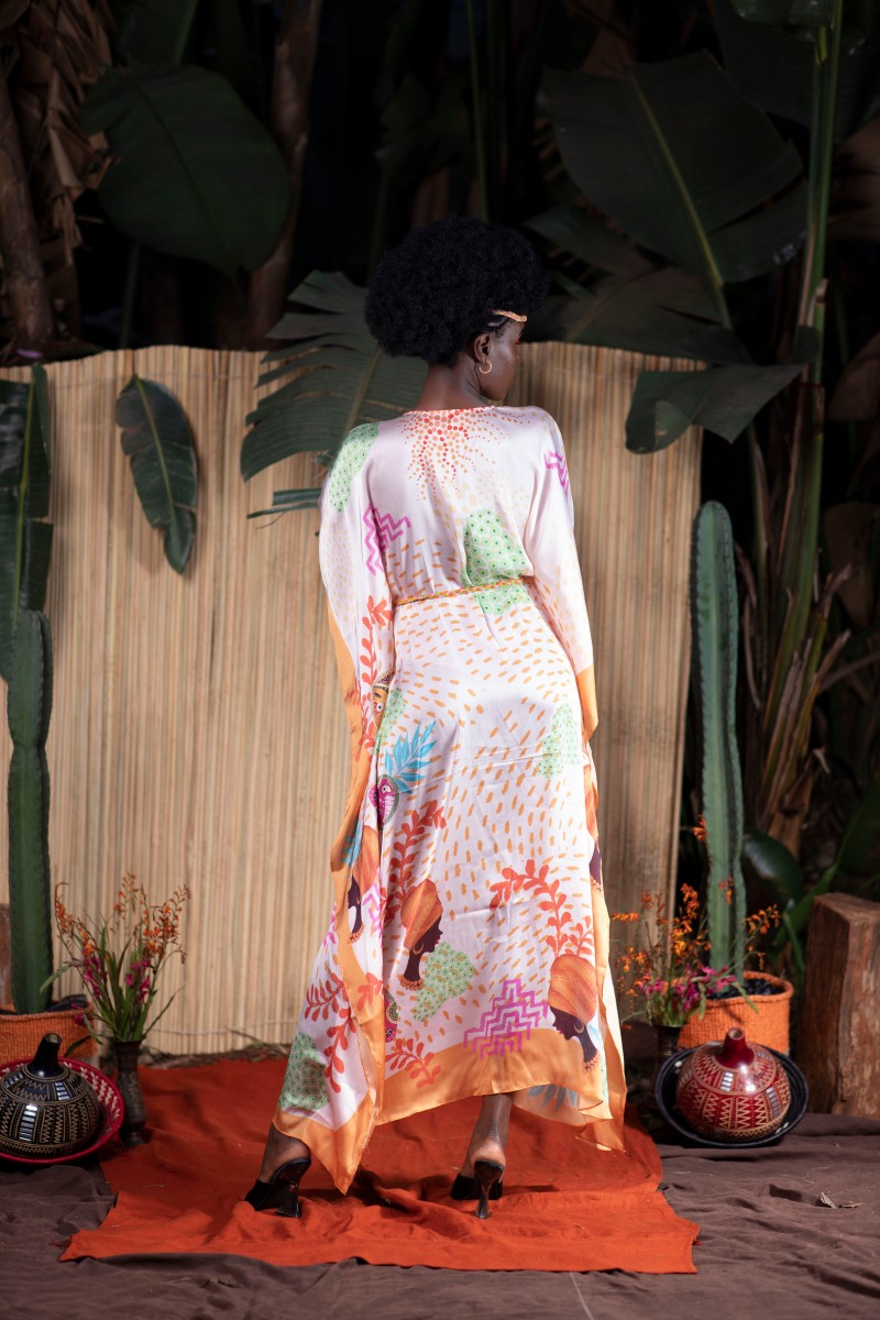 CREAM LADY MASK PRINT KAFTAN DRESS