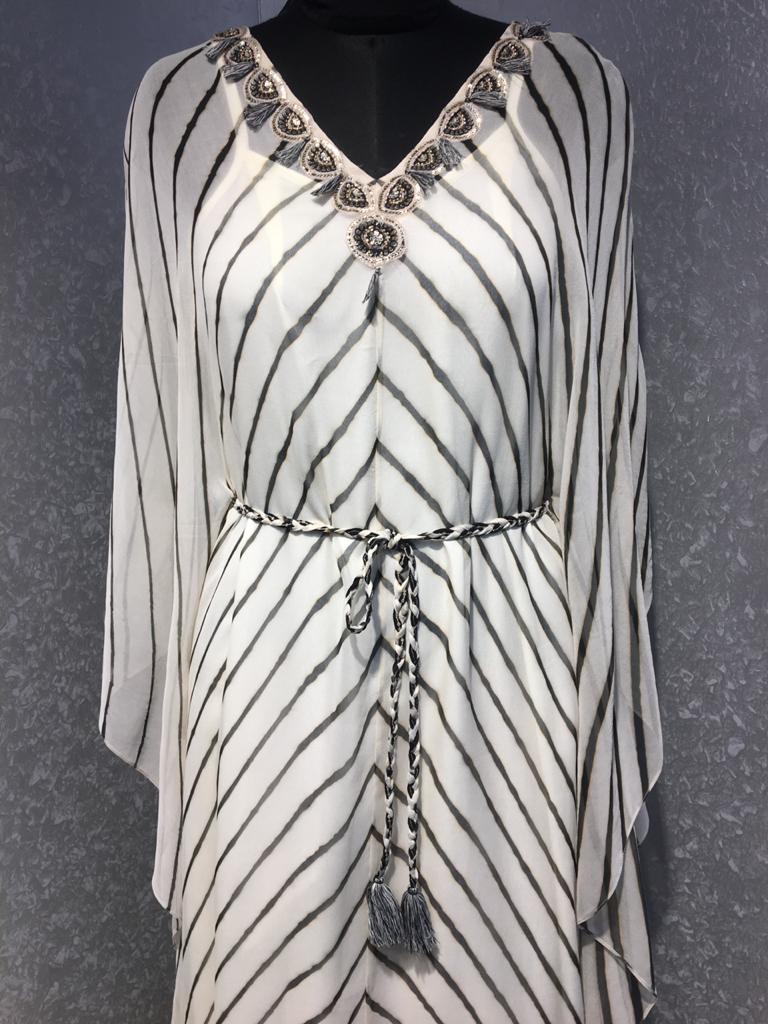 Off white and black Leheriya kaftan tunic with belt